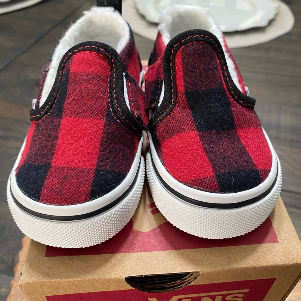 Vans Baby Toddler Red and Black Plaid Slip-On Sneakers